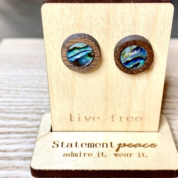 HANDMADE Jewelry Set Artisan ABALONE Wood Shell Pendant Ring & 2 Pairs Earrings - Picture 5 of 8